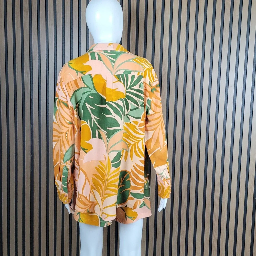 True Destinations Tropical Piece Womens Large Orange Green Rayon Shirt & Shorts